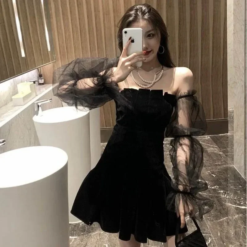 

Gothic Sexy Dress Vintage Off Shoulder Lantern Sleeve Mesh Patchwork Mini Dress Dark Street Black Dress Female Y2k Mesh Vestido