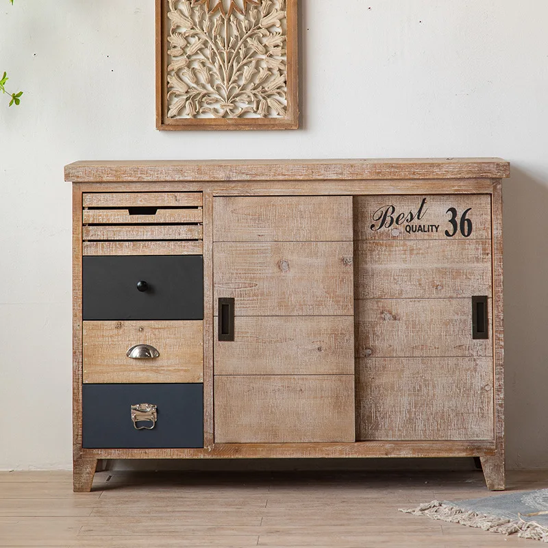 

American rural entrance cabinet, the locker is old and against the wall, solid wood dining side cabinet