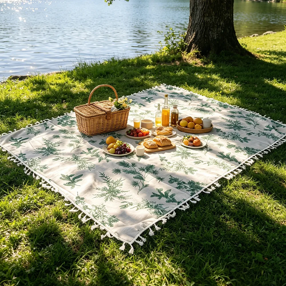 Green Leaf Print Tassel Picnic Mat Large Waterproof Foldable Beach Blanket Portable Outdoor Camping Travel Lawn Picnic Blanket