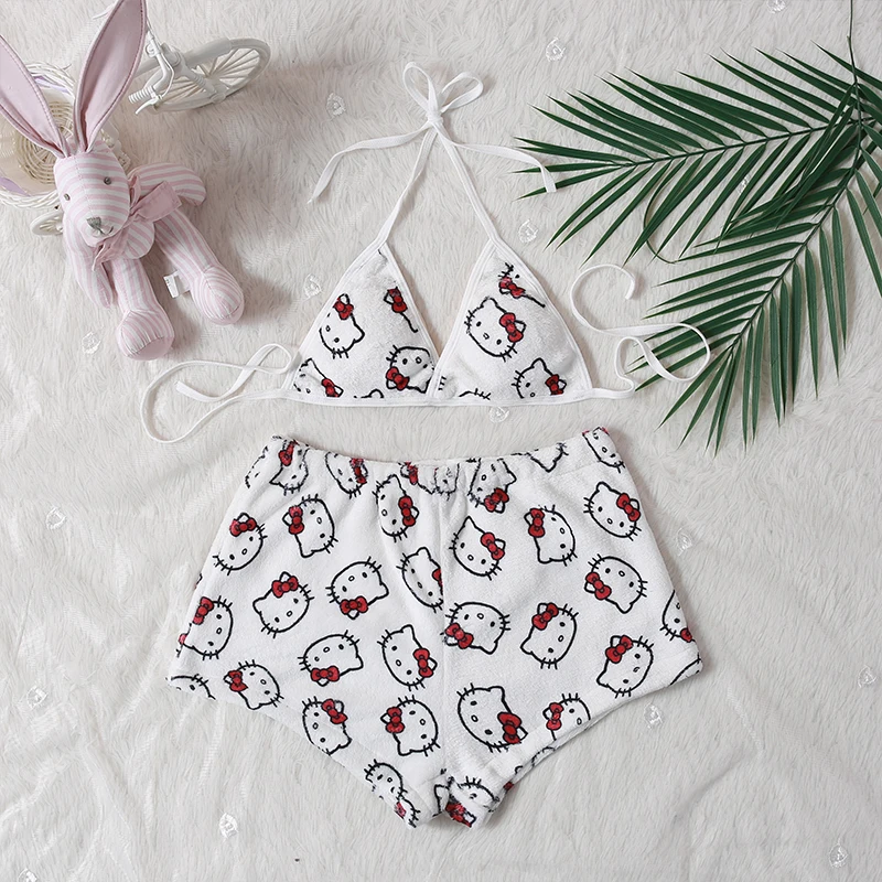 Sanrio Pajamas Women Tank Top Leopard Print Stretch Summer Shorts Soft and Comfortable Outerwear Casual Home Wear Hello Kitty