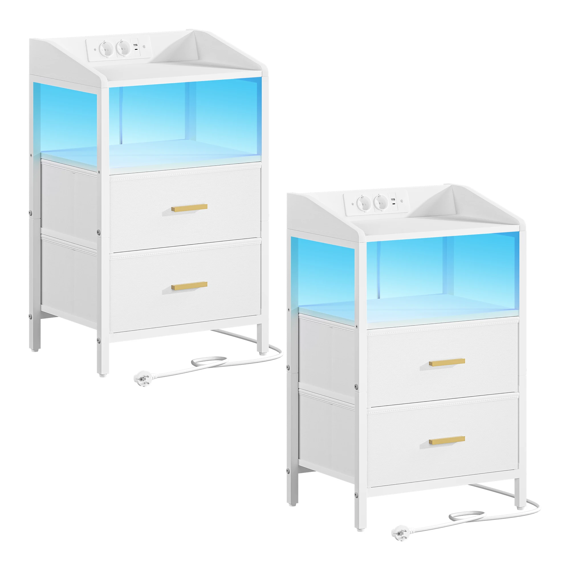 Nachtkastjesset van 2, met LED-verlichting en oplaadstation, bijzettafel met 2 stoffen laden en planken, wit