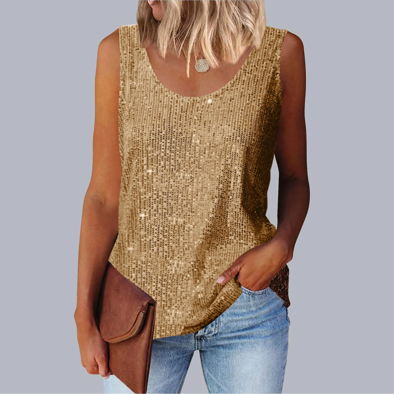 Sequin Loose Round Neck Tank Top Women's Commuter Casual