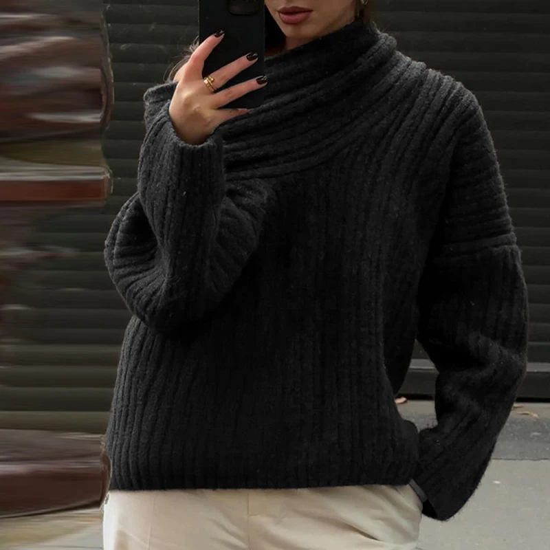 Fall Ladies Elegant High Street Sweater Vintage Solid Color Long Sleeve Commuter Sweater Sexy One Shoulder Thick Knitted Sweater