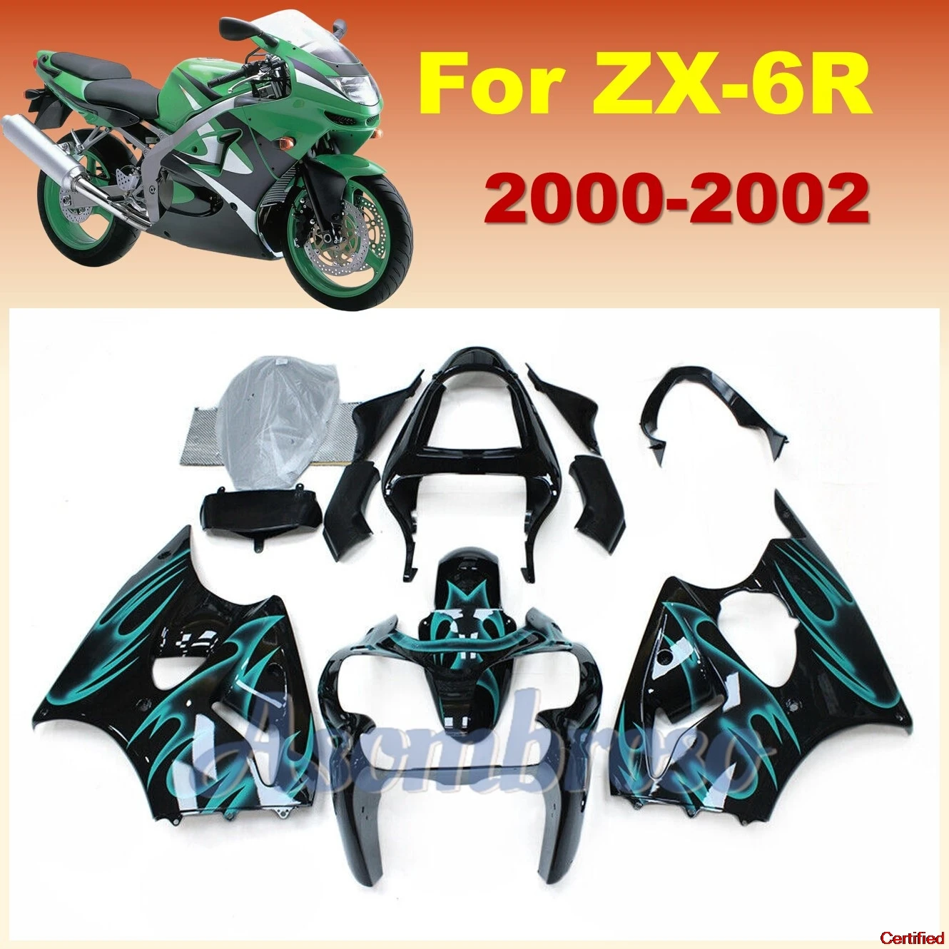 

High Quality Motorcycle Fairing kit For Ninja ZX6R 2000 2001 2002 Abs Injection fairings ZX-6R 00 01 02 Green Flame