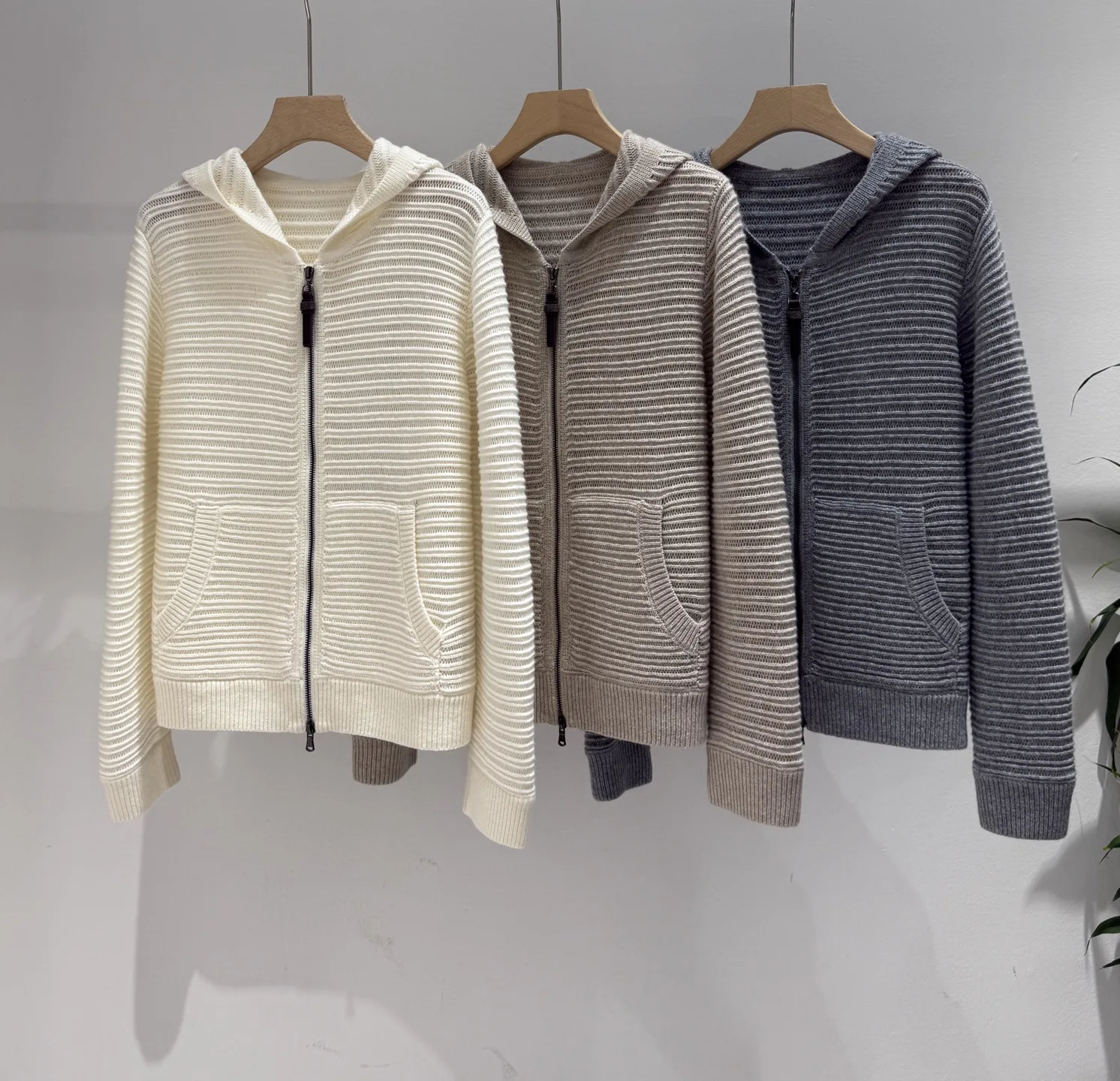 2026 Fall/Winter Women's Hooded Zip-Up Wool Knit Set: Knit Cardigan and Wide-Leg Pants with Elastic Waist