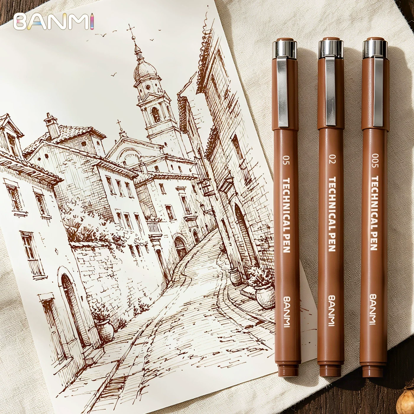 BANMI Fineliner Pen Waterproof Brown Ink Gel Pen 005/02/05 Tip Technical Pen for Sketching Drawing Stationery School Supplies
