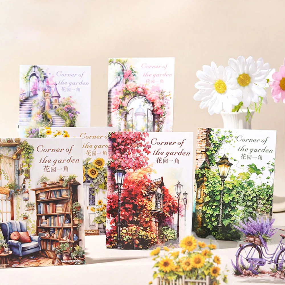 Juego de pegatinas de escena de jardín Retro, 180 Uds./6 paquetes, colores mezclados, pegatinas autoadhesivas reutilizables con acabado de microluz, adecuadas para