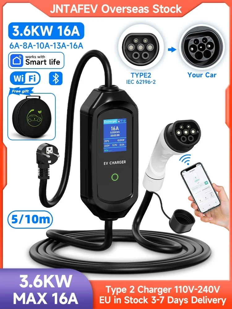 JNTAFEV 3,5 kW EV-Ladegerät Typ 2 16A Elektrofahrzeug-Ladegerät APP-Steuerung Bluetooth Drahtlose Steuerung Schnellladekabel Heimladegerät für Elektroautos