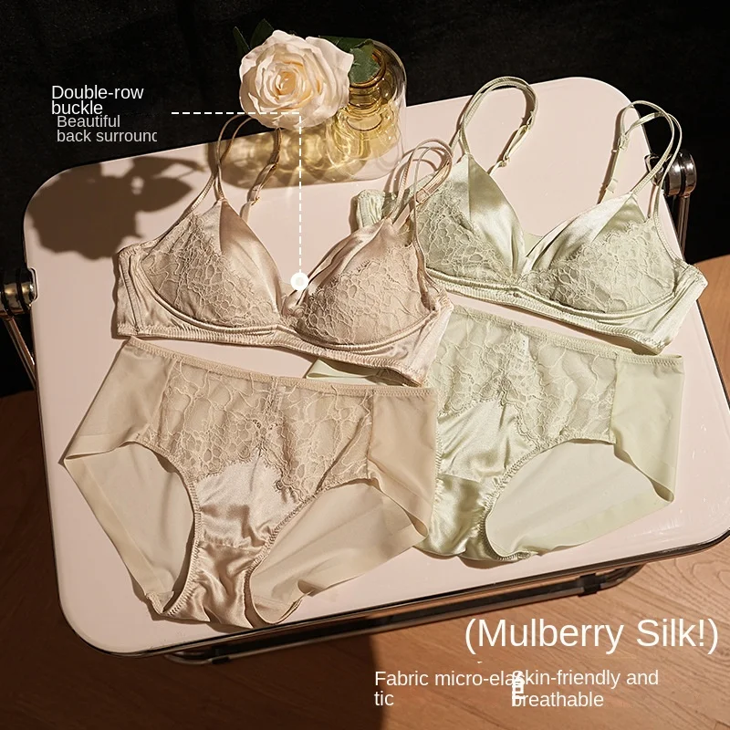 Women Mulberry Silk Bralette Set French Lace Wireless Bra Panty 2Pcs Adjustable Straps Breathable Luxury Lingerie Gift