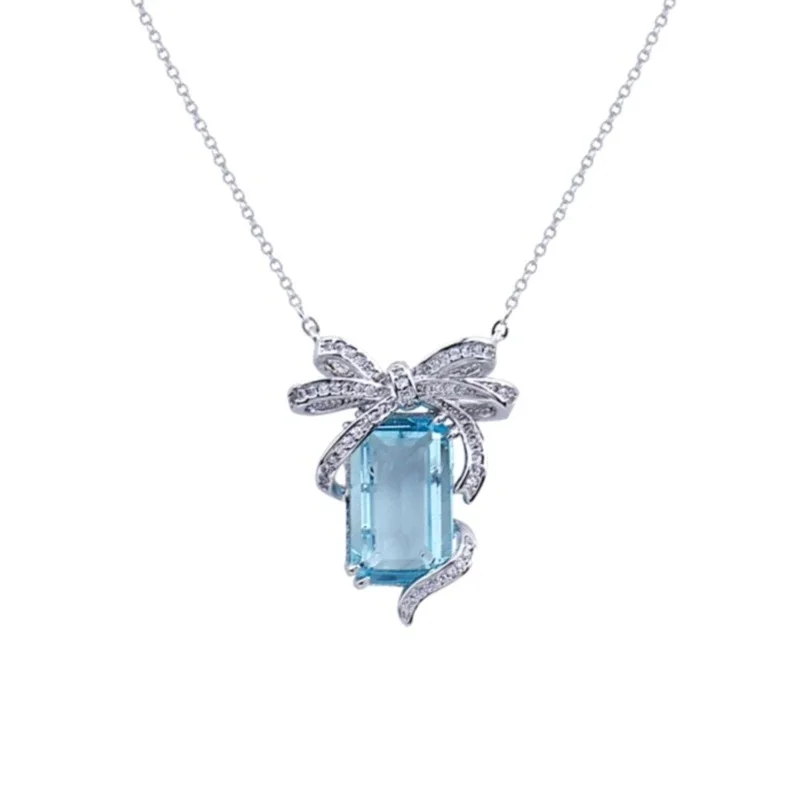 Hot Seller Sky Blue Cubic Zirconia Pendant Necklace Women Shiny White Crystal Bowknot Thin Chain Clavicle Jewelry Gift
