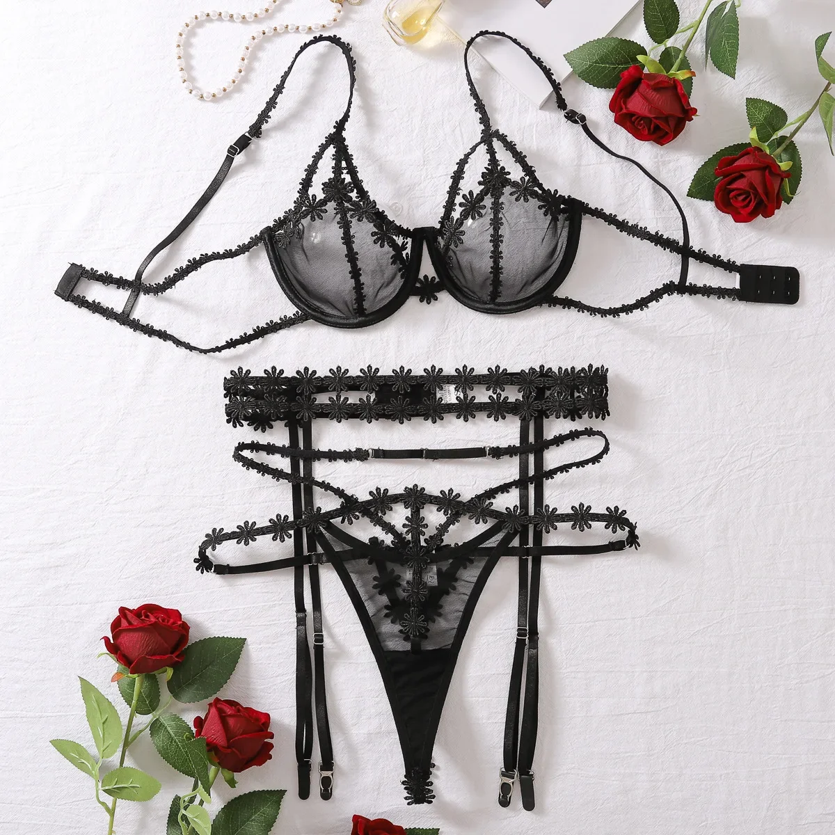 

Flower Lace Sexy Exotic Set Women Thin See Through Lingerie Bra and Thong Set Mesh Underwear Micro Bikini Exotic Apparel