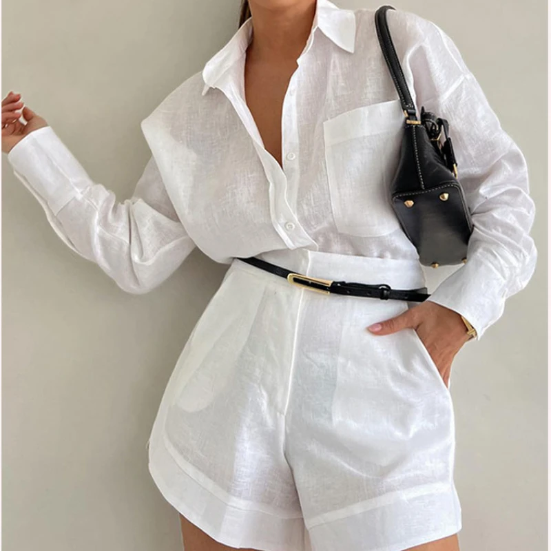 Casual Women's Clothing 2024 New Solid Color Lapel Long Sleeve Shirt Short Trousers Set Summer Breathable Two-piece Set
