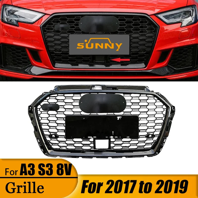 

For 2017-2019 Audi A3/S3 8V Center Mesh Conversion RS3 Style With ACC Holes Gloss Black Honeycomb