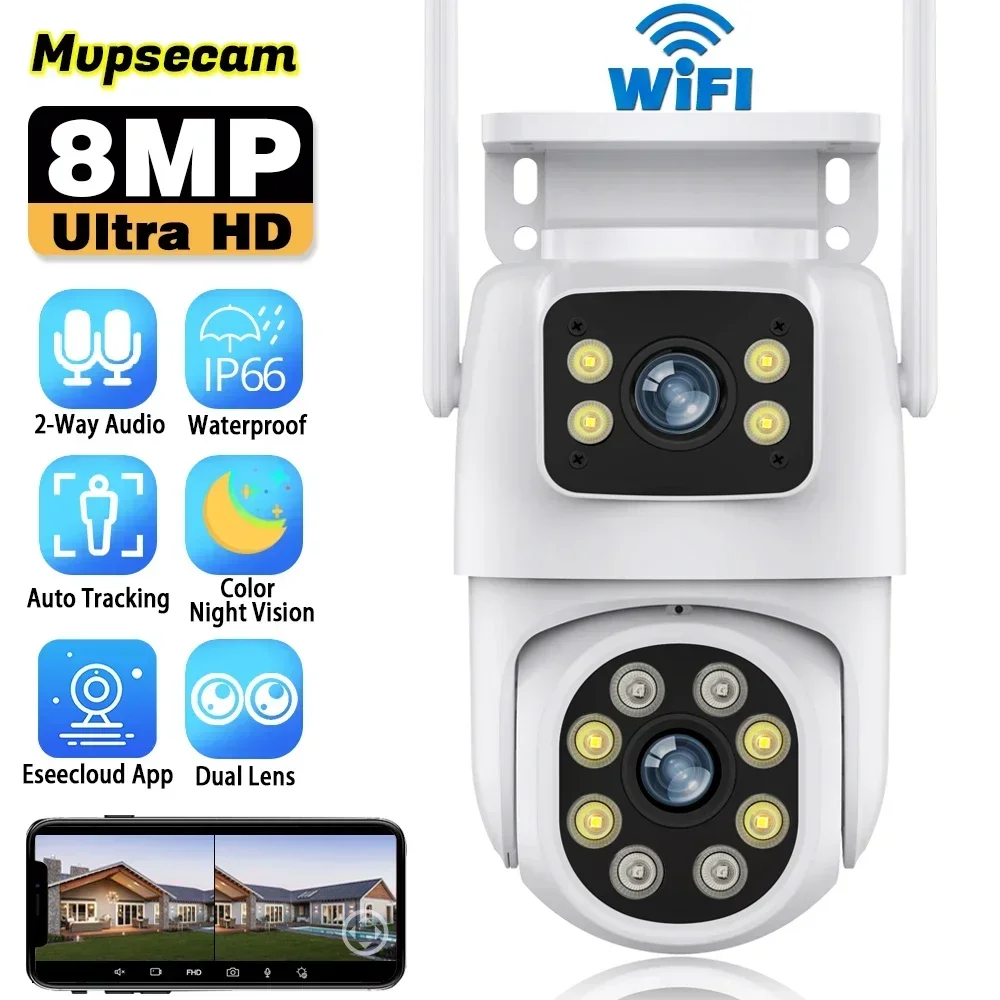 Smart Home 8MP Dual Lens WIFI Security Camera PTZ Color Night Vision Outdoor Wireless CCTV Wi-Fi Surveillance Camera Eseecloud