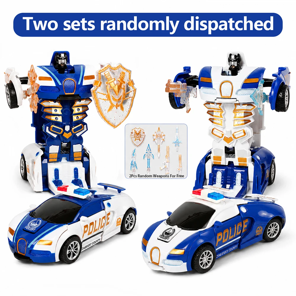 Blue Police Car Toy - Inertia Impact One-Button Deformation Feature Collision Deformation Vehicle