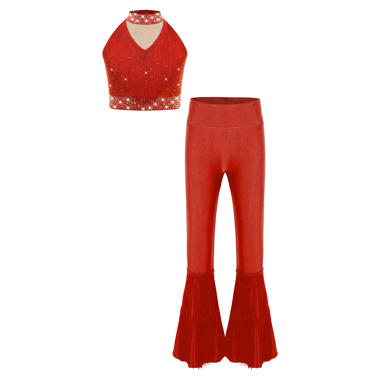 

Latin Dance Sets Vest with Bell-Bottom Pants Training Costume Girl Children's Performance Costume Competition Latin Dance Dress
