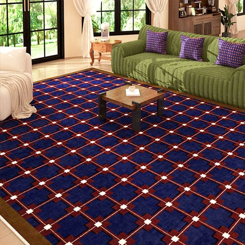 Living Room Mat Machine Washable Non-slip Soft Bedroom Rugs Green Retro Large Size Carpet French Plaid Imitation Cashmere Mats