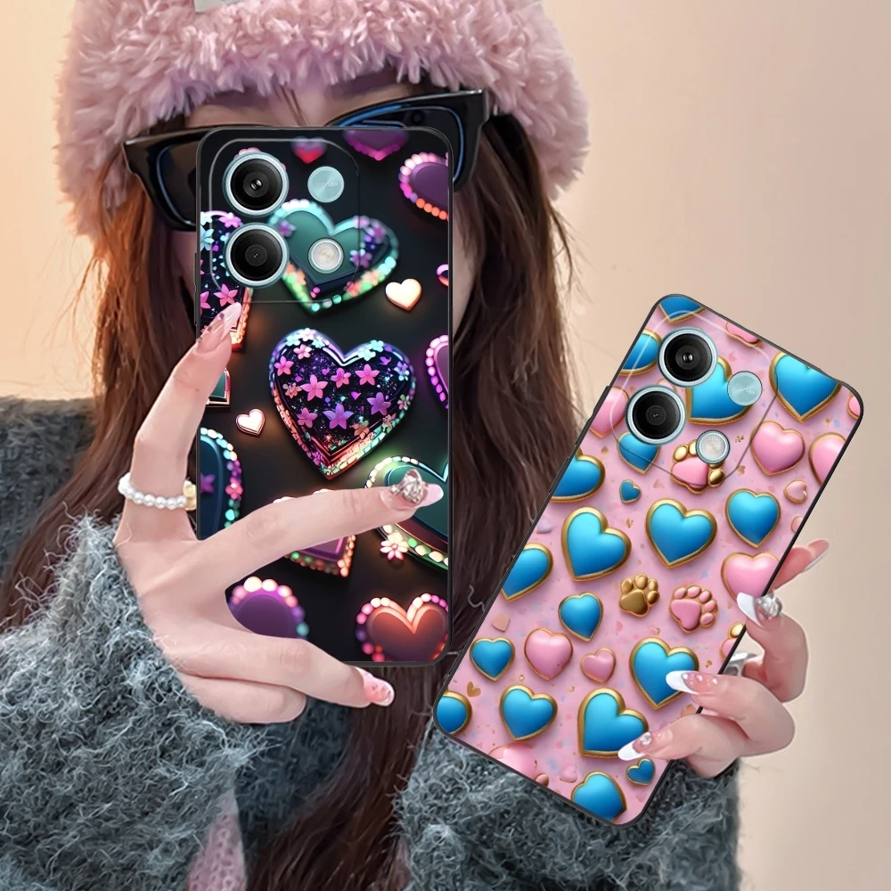 Y2K Glowing Love Hearts Mobile Phone Case for Xiaomi POCO M6 M5 M4 M3 X6 X5 X4 X3 F6 F5 F4 F3 F2 C40 Pro GT 5G Black Cover Shell