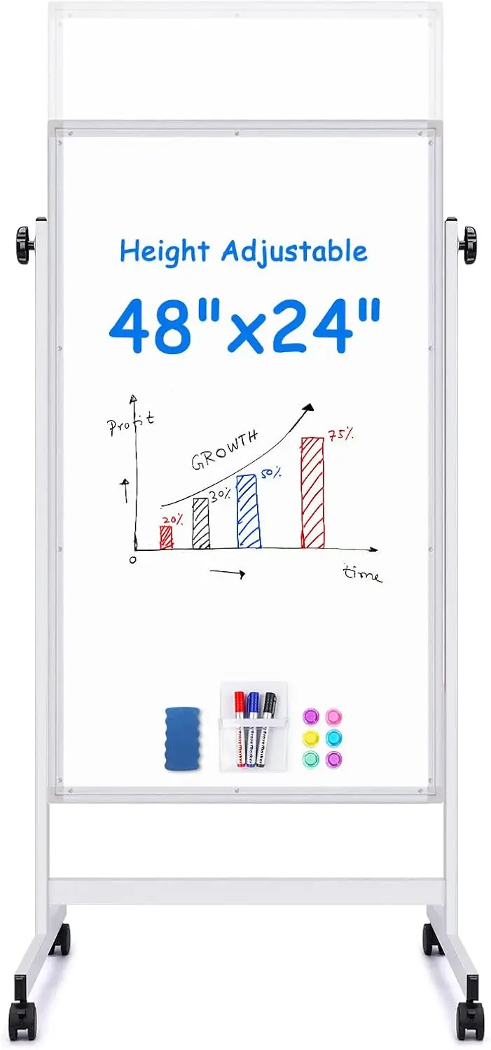 

Rolling White Board, 48x24 Height Adjustable Whiteboard on Wheels, Double-Sided Magnetic Standing Easel for Office Home