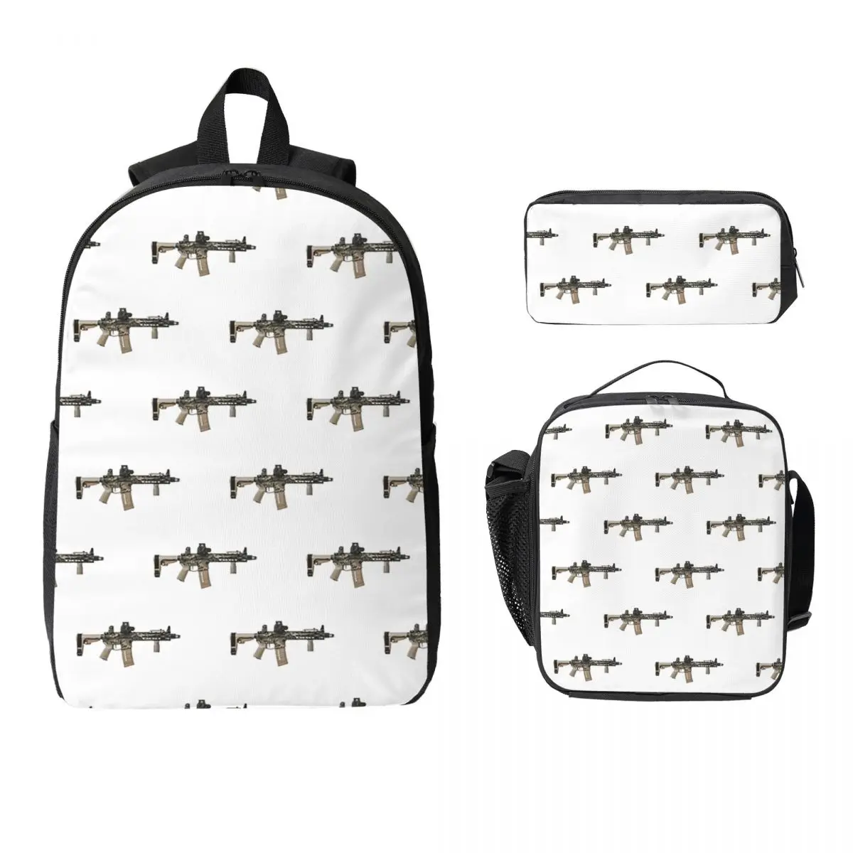 

AR-15 Tan Camo Gun Pattern Backpack Student Boy Girl BookBag School Bag Laptop Shoulder Bags 3ps Insulated Lunch Bag Pencil Case