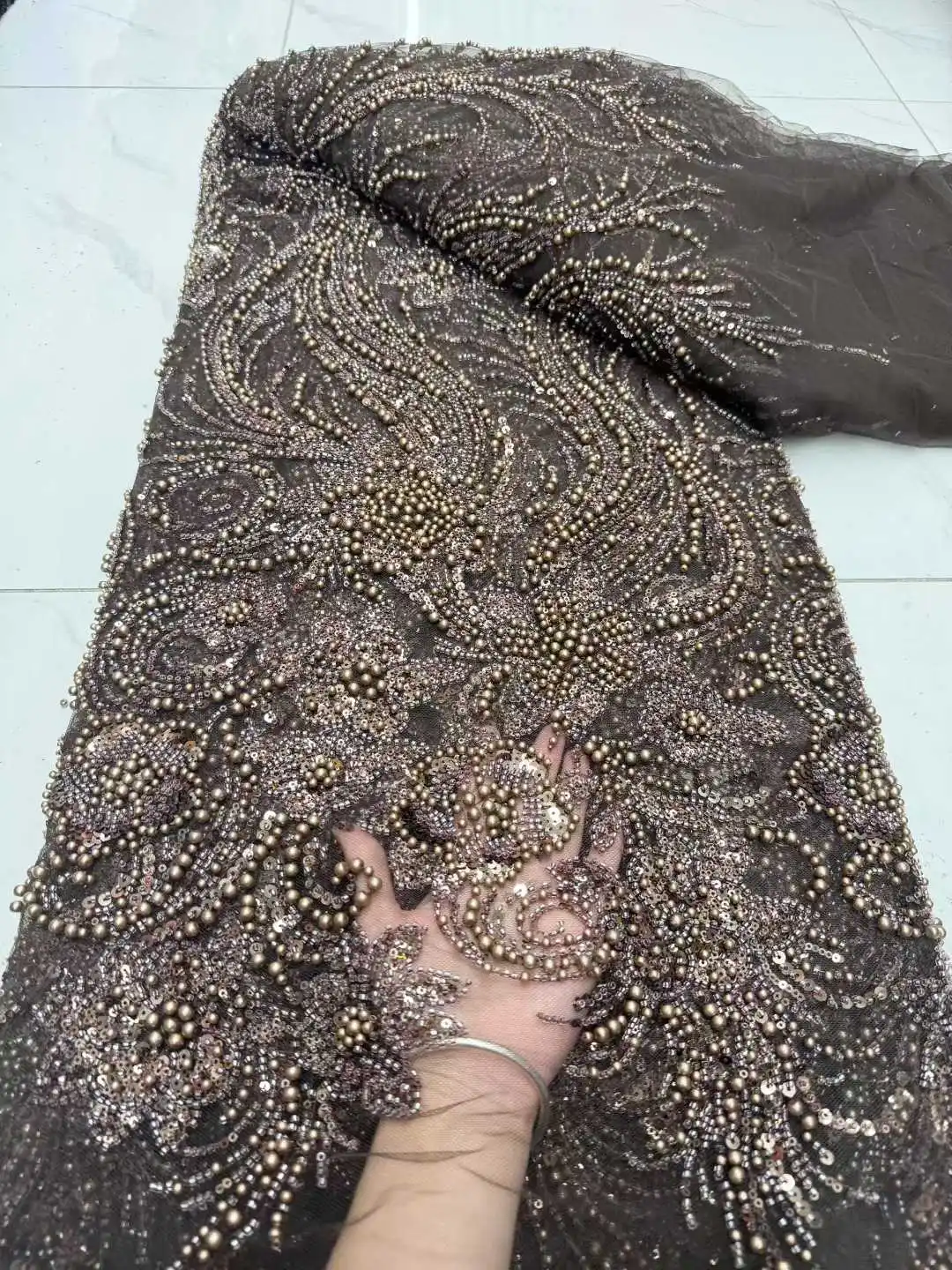 African Beaded 2025 High Quality Nigerian Sequins With Pearl Lace French Tulle Lace Fabric For Party Dress Sewing