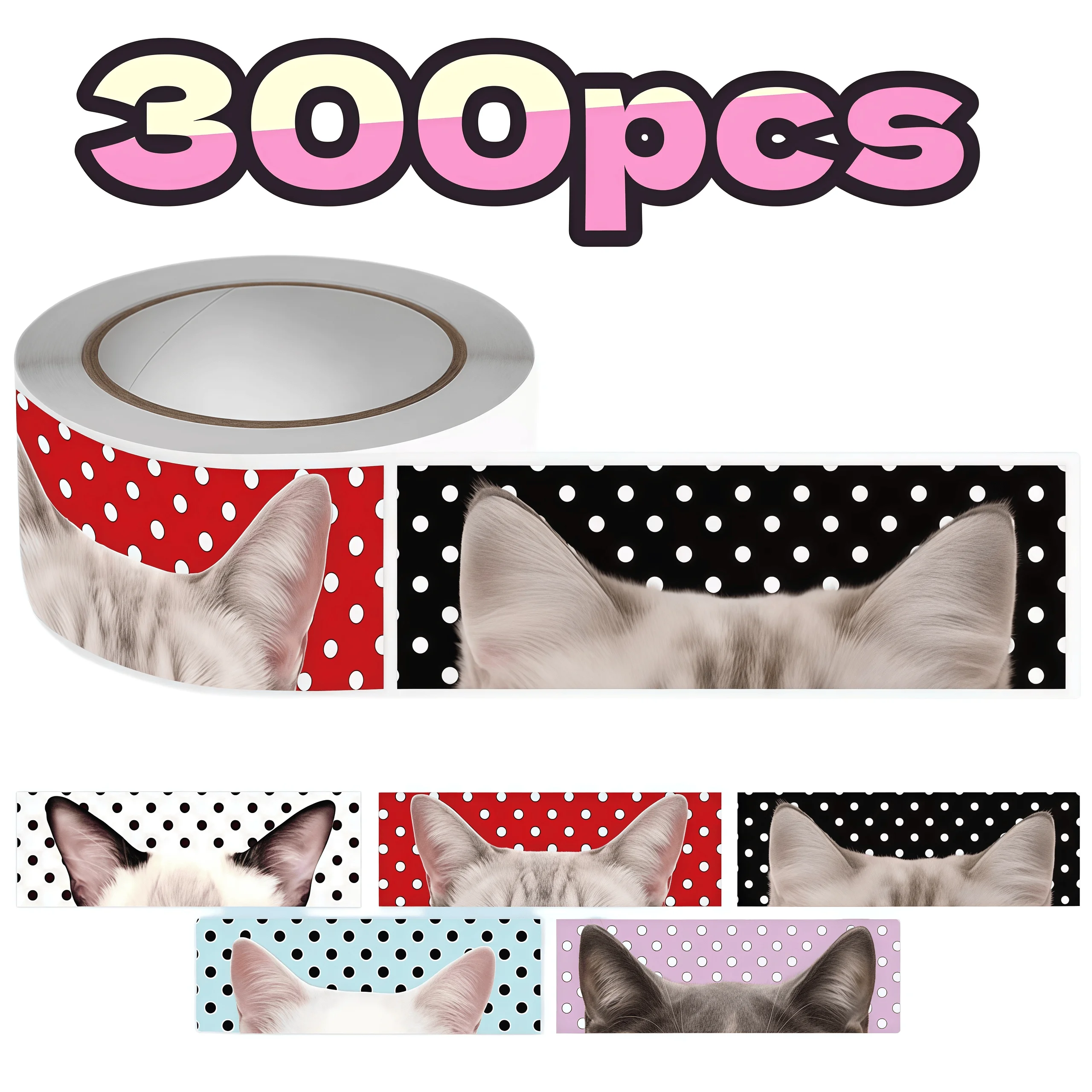 300Pcs Polka Dot Cat Ear Roll Stickers, Cute Kitten Ear Pattern Self-adhesive Labels for Packaging Journal DIY Decor