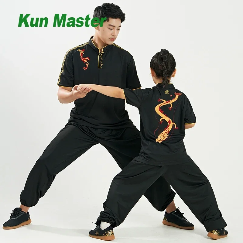 Kun Master adulti e bambini elastico Wushu abbigliamento uniforme di arte marziale vestito Kung Fu Tai Chi vestiti stampa drago 2023 nuovo