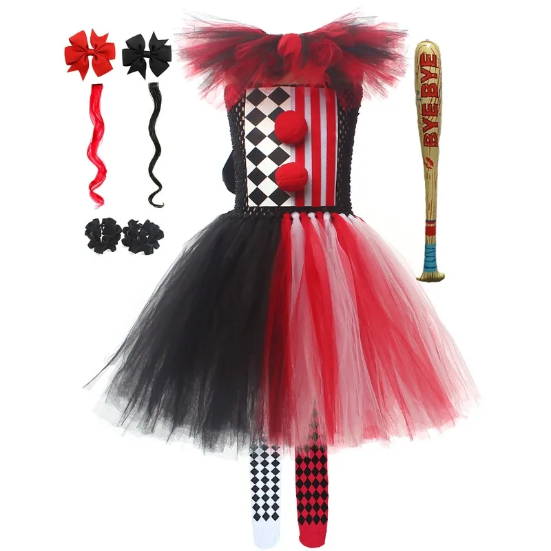 Little Girls' Circus-Style Clown Clothing,  Sleeveless Tulle Tutu Dress,  Fun Cartoon Outfit for Halloween Carnival Parties