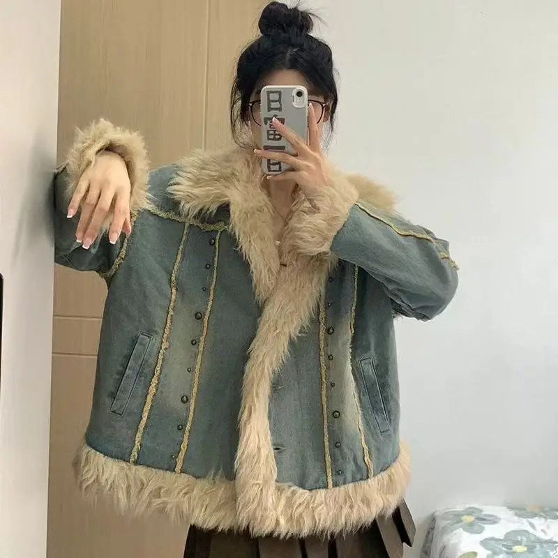 Women Parka Coat Casual Solid Jacket Distressed Long Sleeves Faux Fur Collar Thick Loose Single Breasted Office Lady 2025 Winter