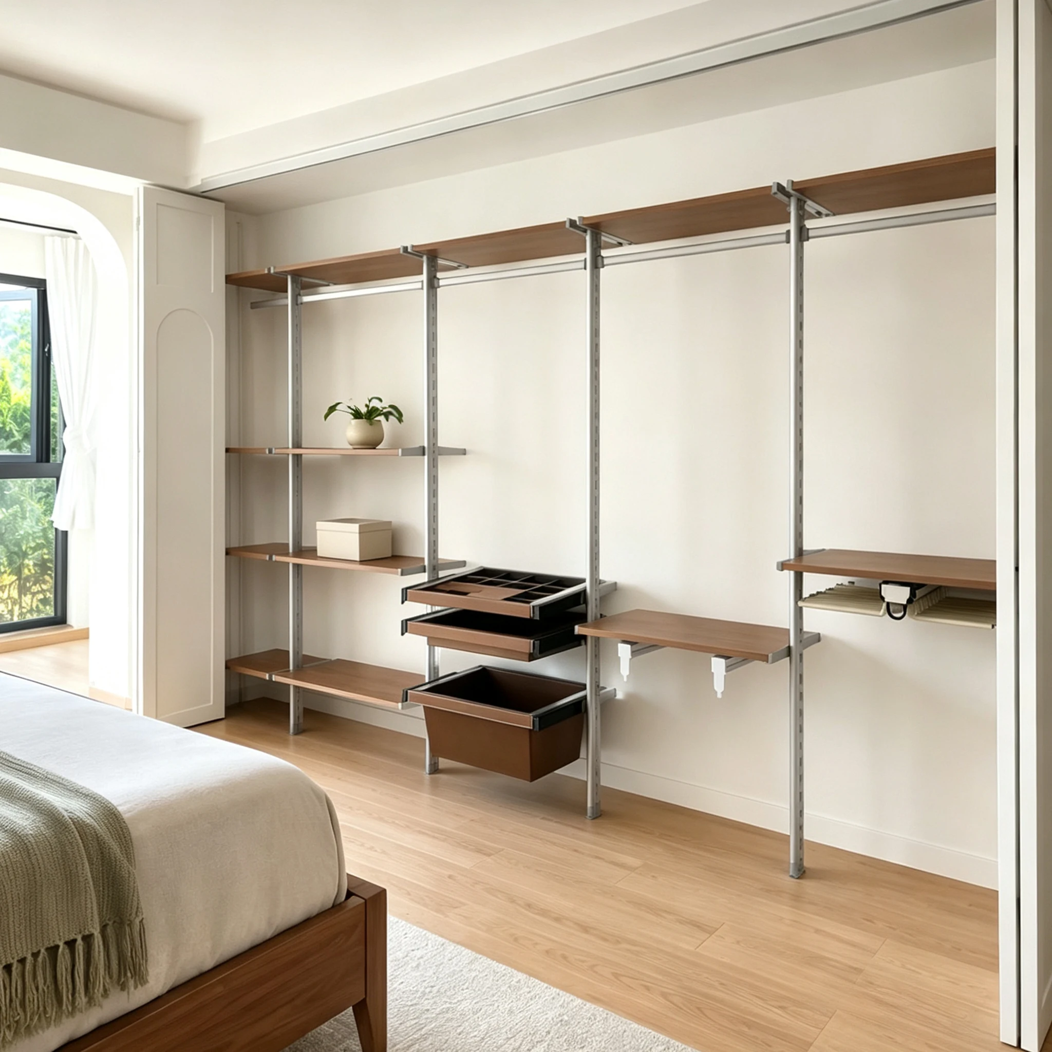 Floor To Ceiling Metal Open Wardrobe, Wall Built-in Cloakroom Steel Frame Hanging Garment Storage Cabinet