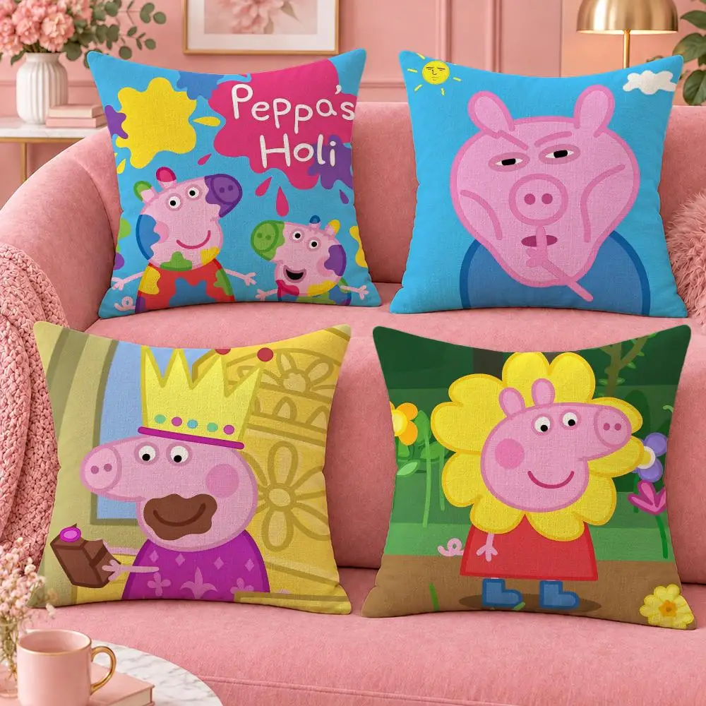 Cartoon Preschool Peppa Pig Cushion Cover Cute Cartoon Throw Pillow Cover Soft Plush Cushion Cover Sofa Bedroom Home Decor