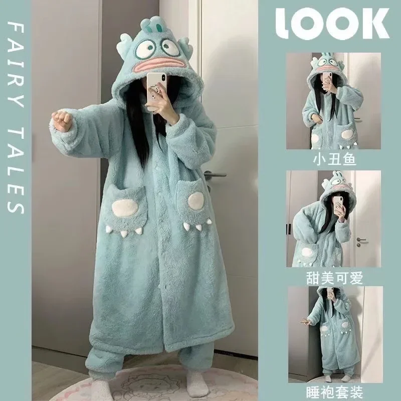 

New Cartoon Anime Sanrio HANGYODON Cute Hooded Robe Winter Thickened Coral Fleece Can Be Worn Outside Pajamas Warm Homewear Suit