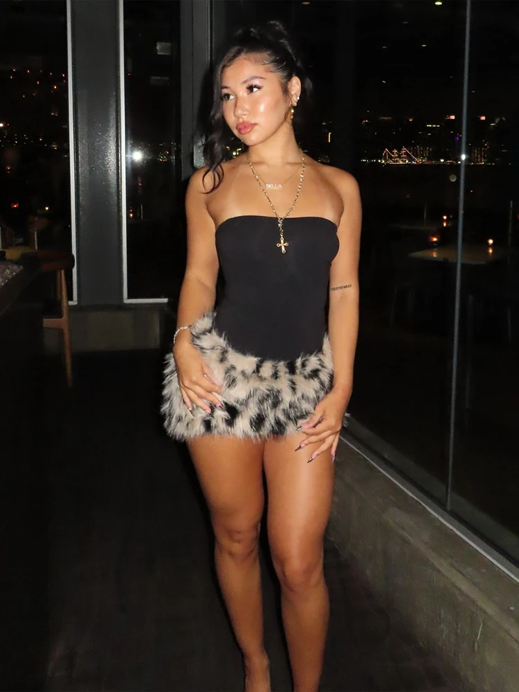 ニバーパッチワークヒョウ柄プラッシュヘムドレスノースリーブセクシーミッドナイトホットティクラブウェアワイルドファッションスキニーコケットミニボディコン