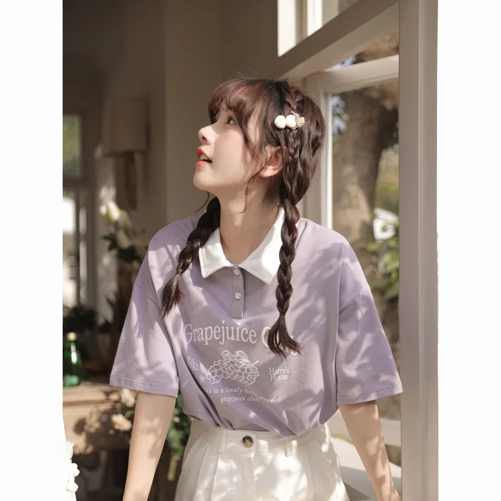 

Lilac Polo Shirts Fresh Cartoon Fruit Print Cotton Women Tshirt Summer Y2K Harajuku Short Sleeve Tops Casual Oversized T Shirts