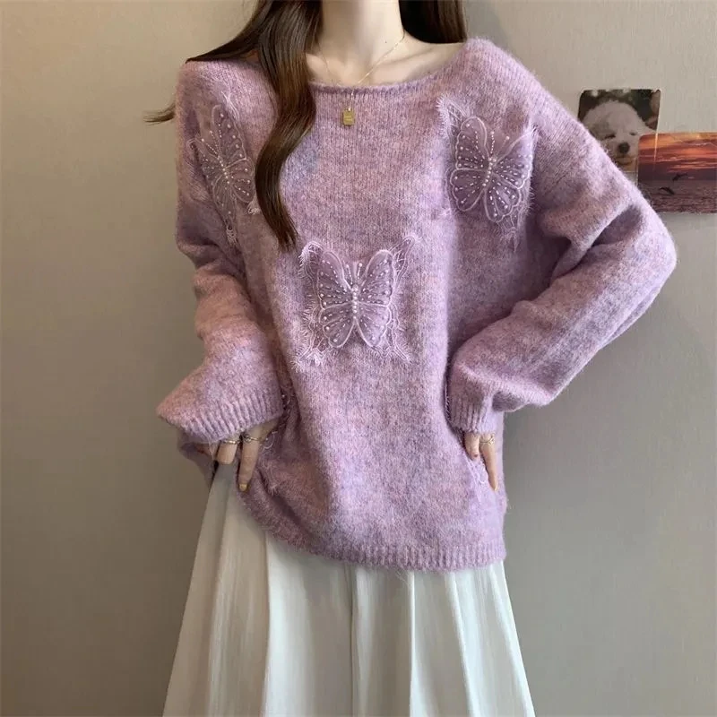 大きいサイズの女性用秋の美しいセーター2025新デザインセンス重厚な立体的な花柄の美しいニットトップベージュグレー