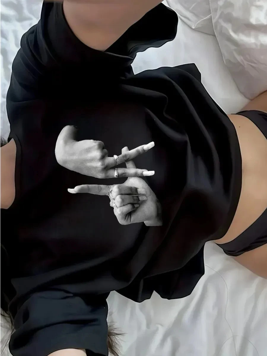 Hand Gesture Print Oversized T Shirt Women Y2K Harajuku Casual Loose Short Sleeve Graphic Tee Summer Streetwear Tops