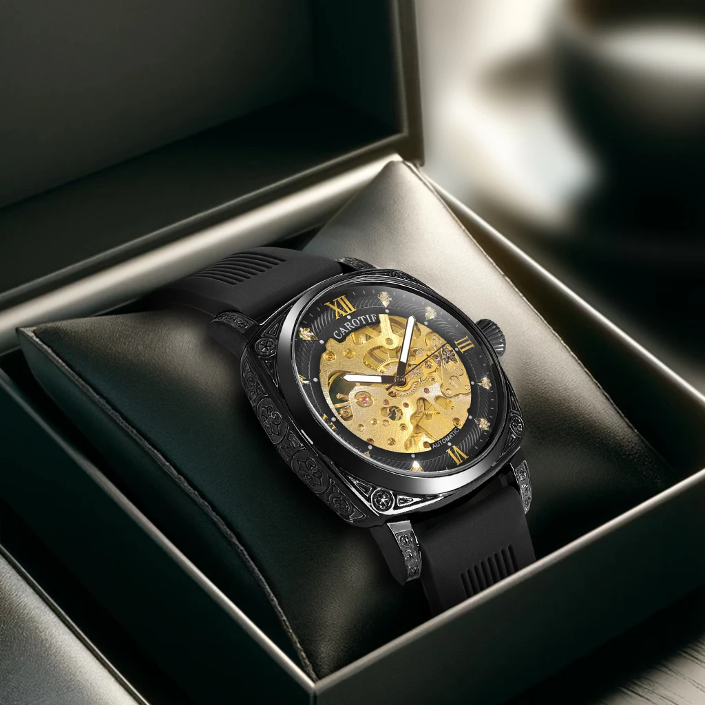 

New men's watch with gold black tape, business style, exquisite fashion, night light, carved flower, mechanical watch
