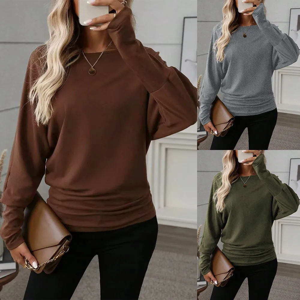 Women's Off-Shoulder Batwing Sleeve Blouse Casual Slim Fit Solid Color Wrinkle Resistant Medium Weight Pullover T-shirt Top