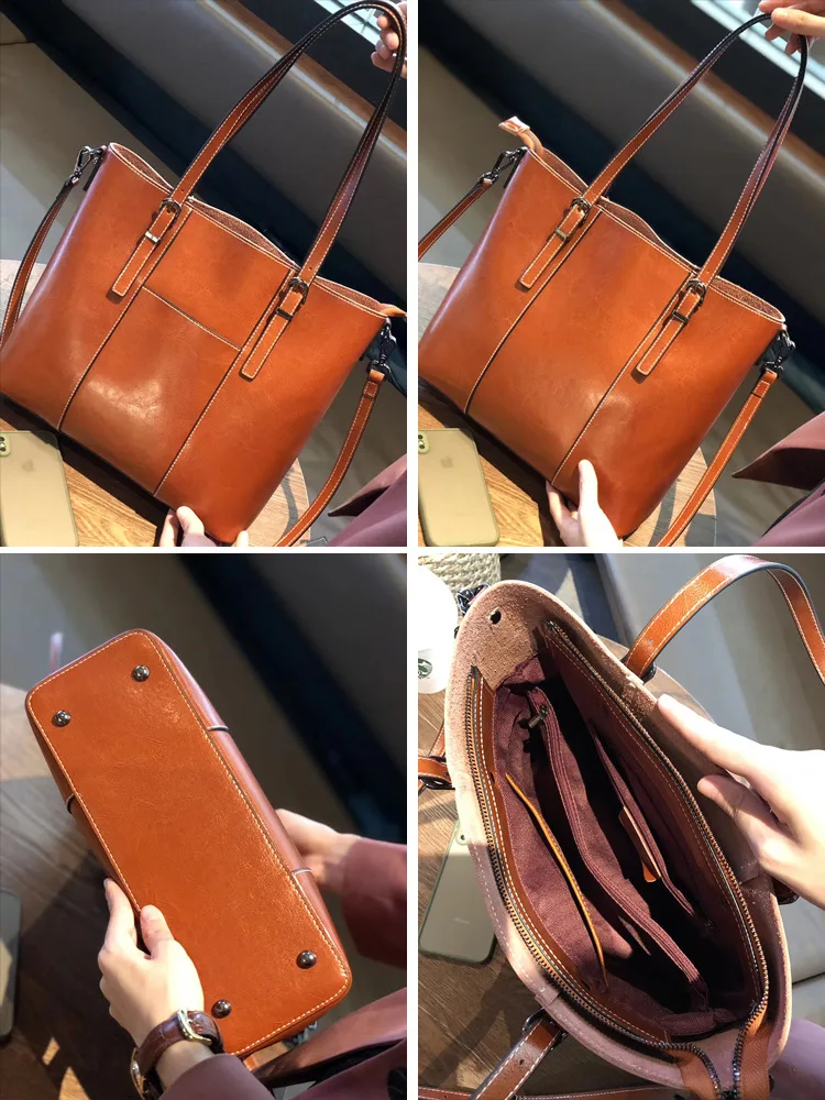 Luxury woman Shoulder bag soft leather large capacity square tote bag Vintage Fashionable cowhide Handbag Shopping crossbody bag