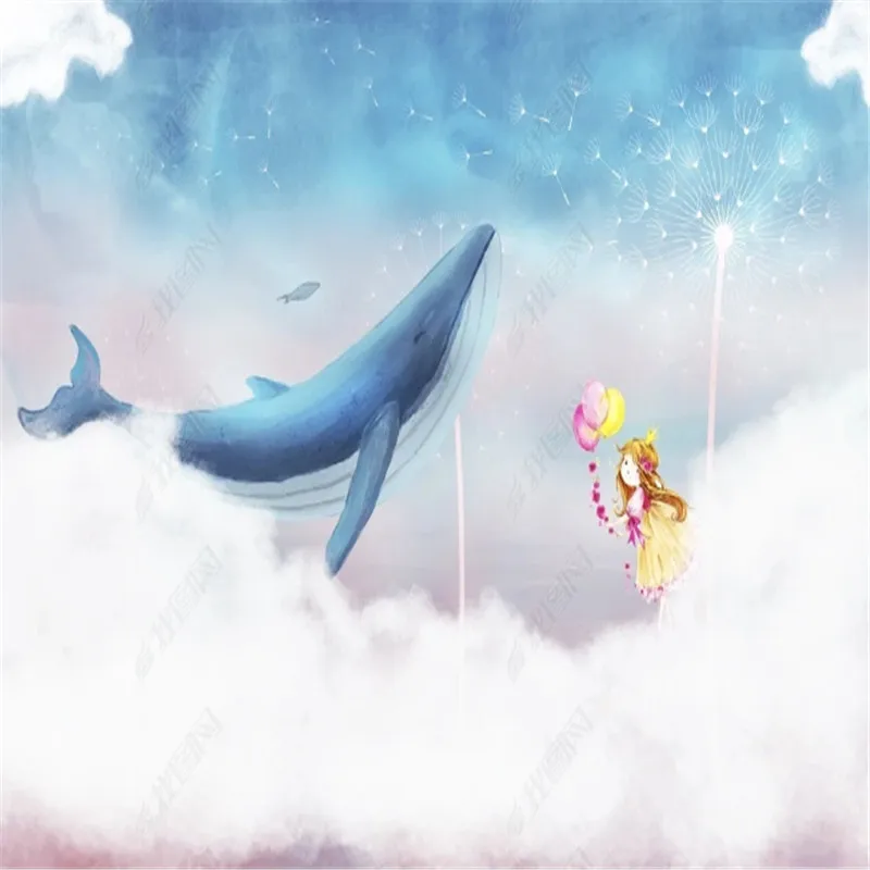 Creative Sky White Cloud Whale Wallpaper for Kid's Room Girl Dandelion Children's Room Background Wall Paper Home Decor Mural