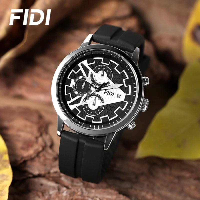

FIDI Mens Chronograph Quartz Watch Silicone Strap 3ATM Waterproof Luminous Hands Date Display Sport Business Wrist Watch
