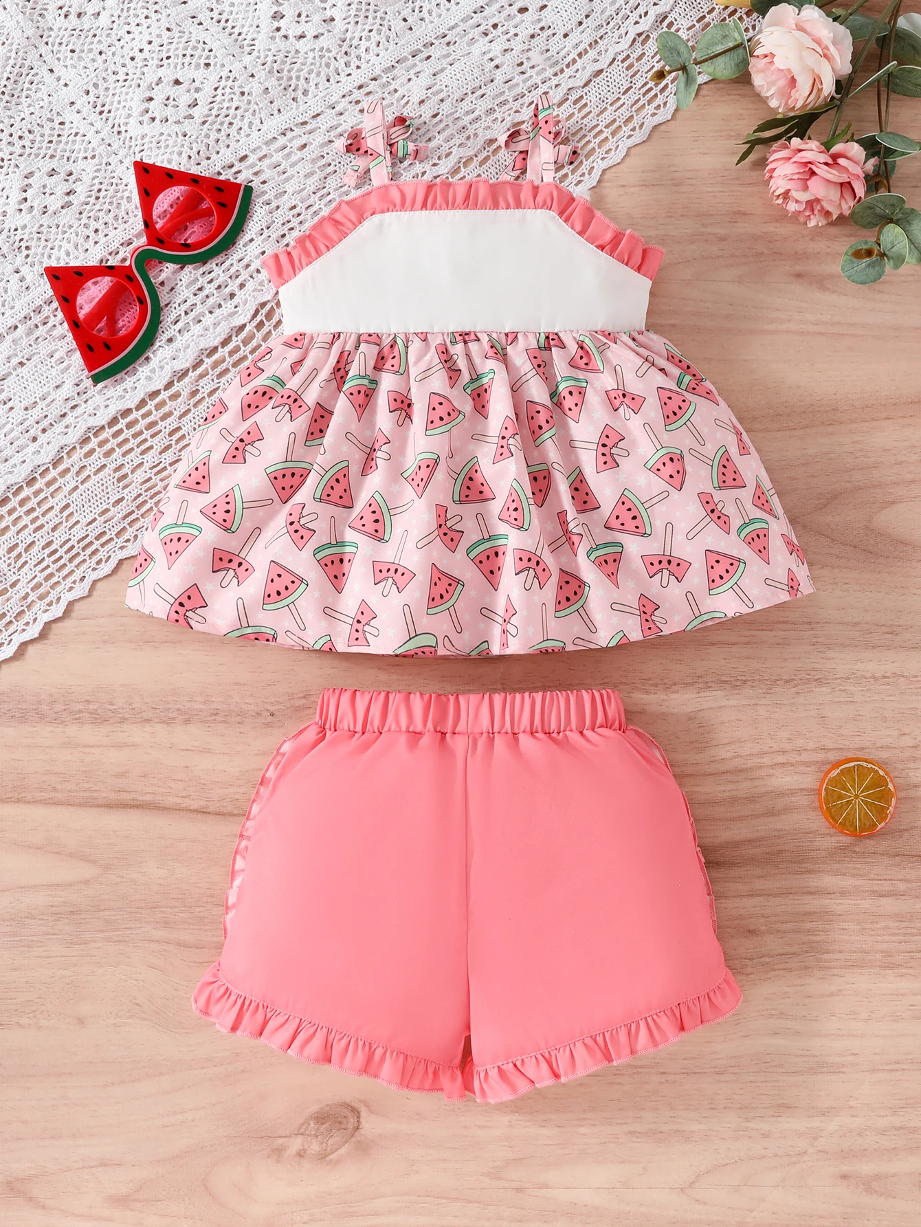 Set Rok Lurus Berlipit dengan Tali Pita Motif Semangka dan Kupu-kupu untuk Bayi Perempuan
