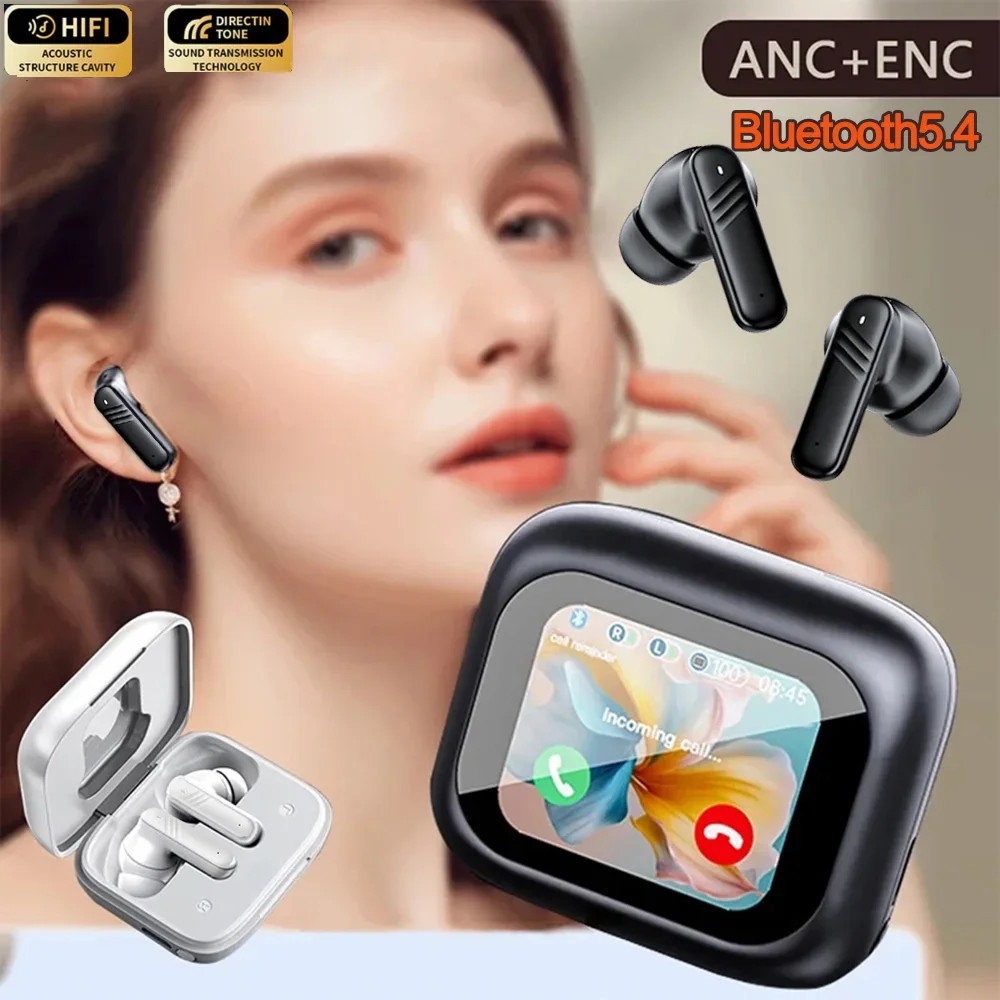 سماعات بلوتوث 5.4 ENC + ANC سماعات أذن داخلية كاملة في شاشة تعمل باللمس سماعة رأس HiFi ستيريو لاسلكية سماعة أذن تستخدم عند ممارسة الرياضة سماعة الألعاب