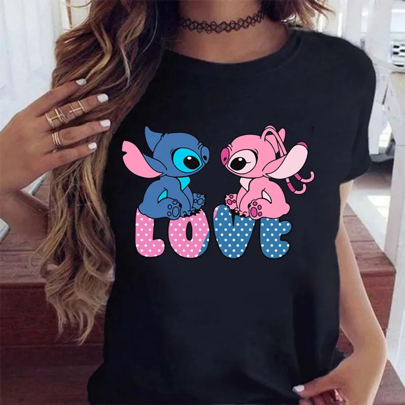 New Fashion Female Clothing Cartoon Disney Stitch Women\'s T-shirt Summer Short Sleeve Black Tops