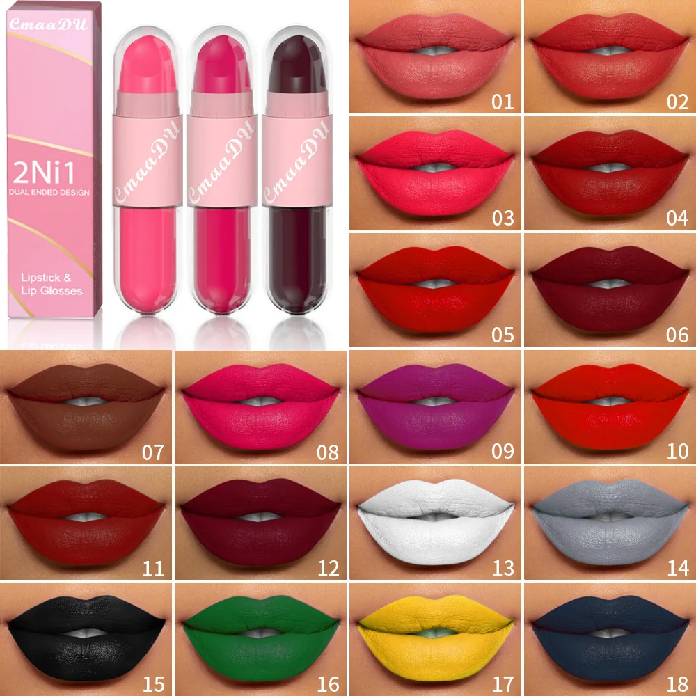 CmaaDu 18 Color Matte 2-in-1 Lipstick and Lipgloss Long Lasting Waterproof Face Colour Rouge Colorful Pigment Female Makeup