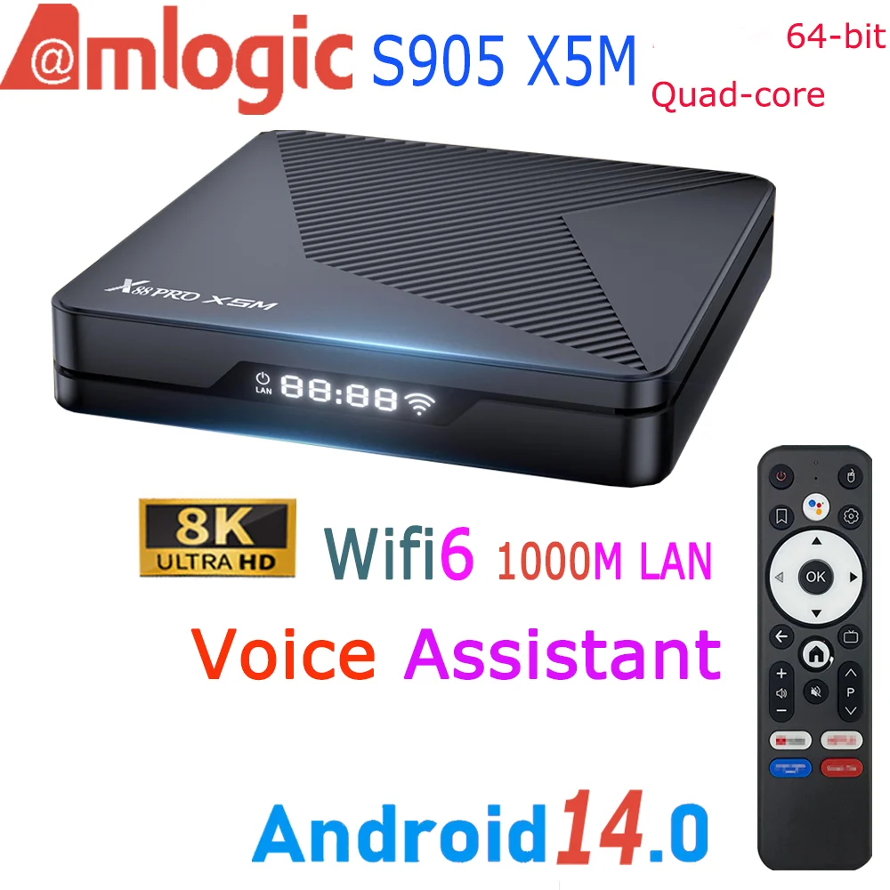 X88 PRO Amlogic S905 X5M أندرويد 14.0 رباعي النواة 8K مساعد فك تشفير الفيديو AI SR 1000M LAN Wifi6 BT5.0 صندوق التلفزيون الذكي