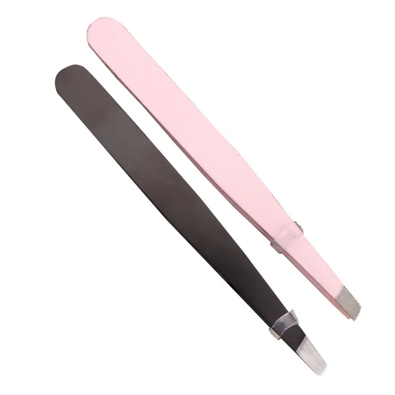 ステンレス鋼眉毛ピンセット、斜めプラー、脱毛メイクアップツール、ブラック/ピンク、1個