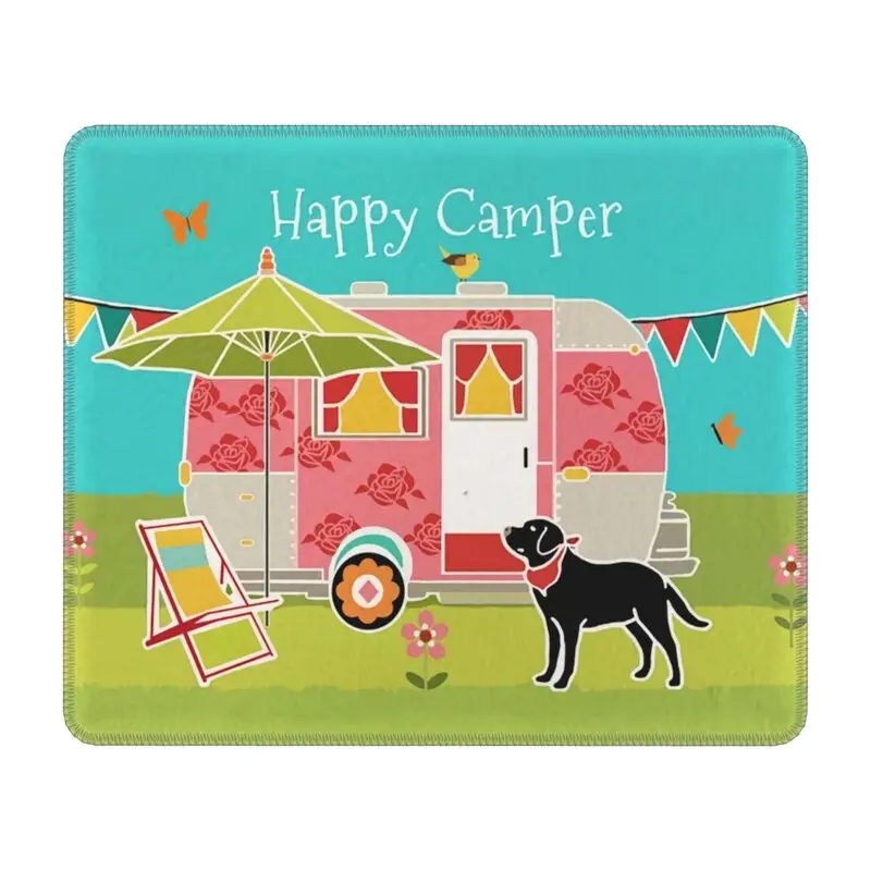 Happy Camper Mouse Pad Square Gamer Mousepad Non-Slip Rubber Base Cartoon RV Adventure Camping Office Computer PC Table Mat