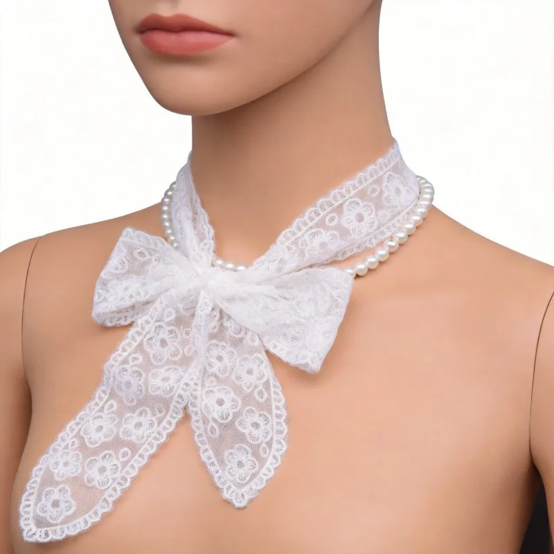 Temperament Pearl Necklace Lace Headband Long for Women, Vintage Bohemian Silk Scarf Wrap, Neck Head Daily Travel Gift Trendy