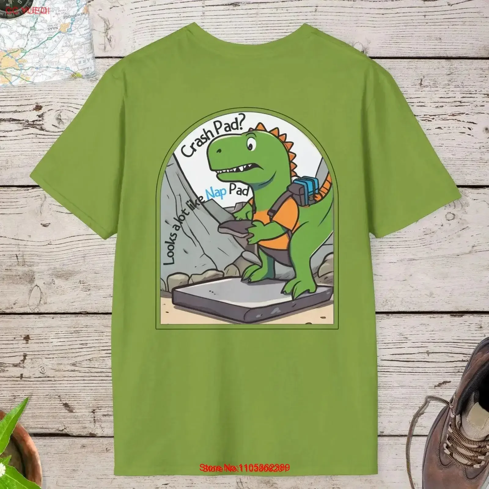 Camiseta de dinosaurio Crash Pad, divertida para escaladores de Boulder y alpinistas, diseño de dinosaurio durmiente, para deportes al aire libre, estilo vintage lavado